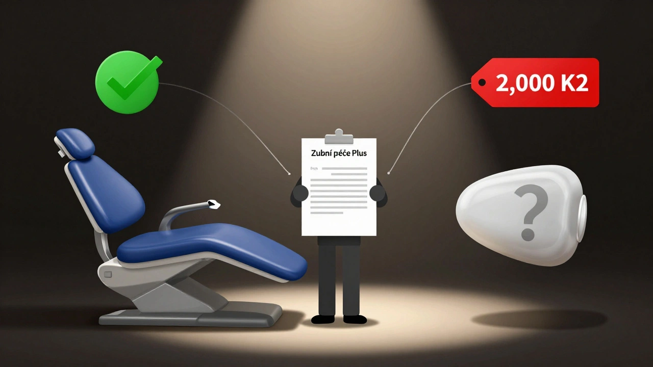 Two dental fillings side by side with price tags, one green checkmark, one question mark, connected to a contract.