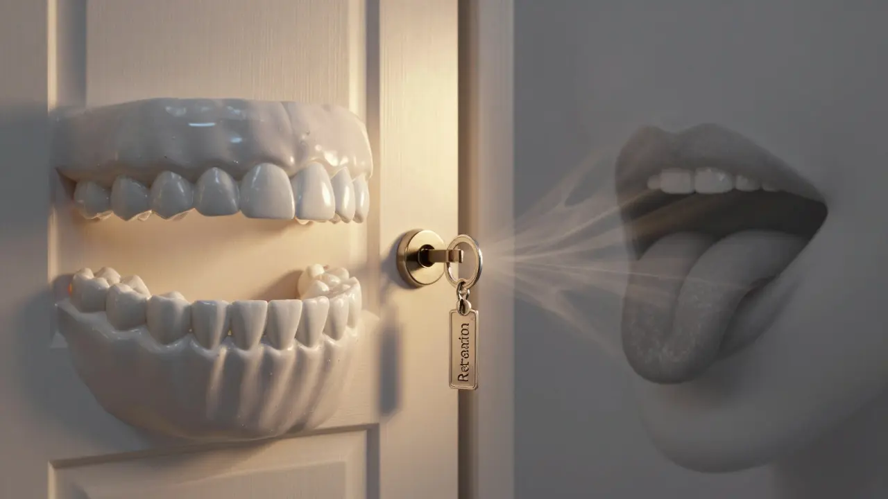 Zamyčená dveře z rovných zubů s klíčem označeným 'Retence'.