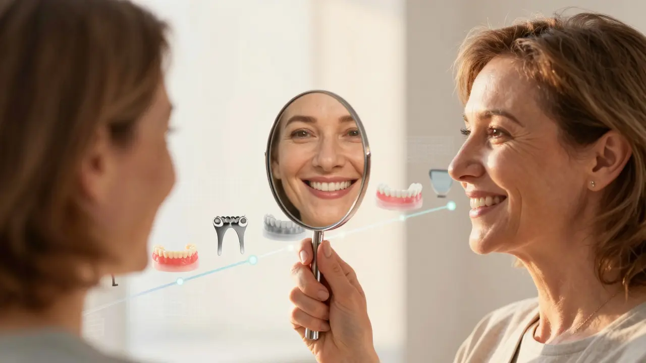 Žena se usmívá do zrcadla s přirozeně vypadajícími nasazovacími zuby.