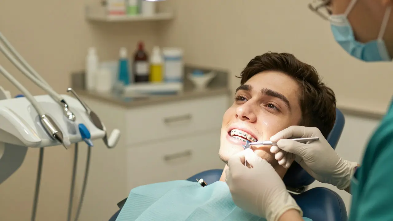 Zubař aplikuje fluoridový gel pacientovi s rovnátky během preventivní návštěvy.