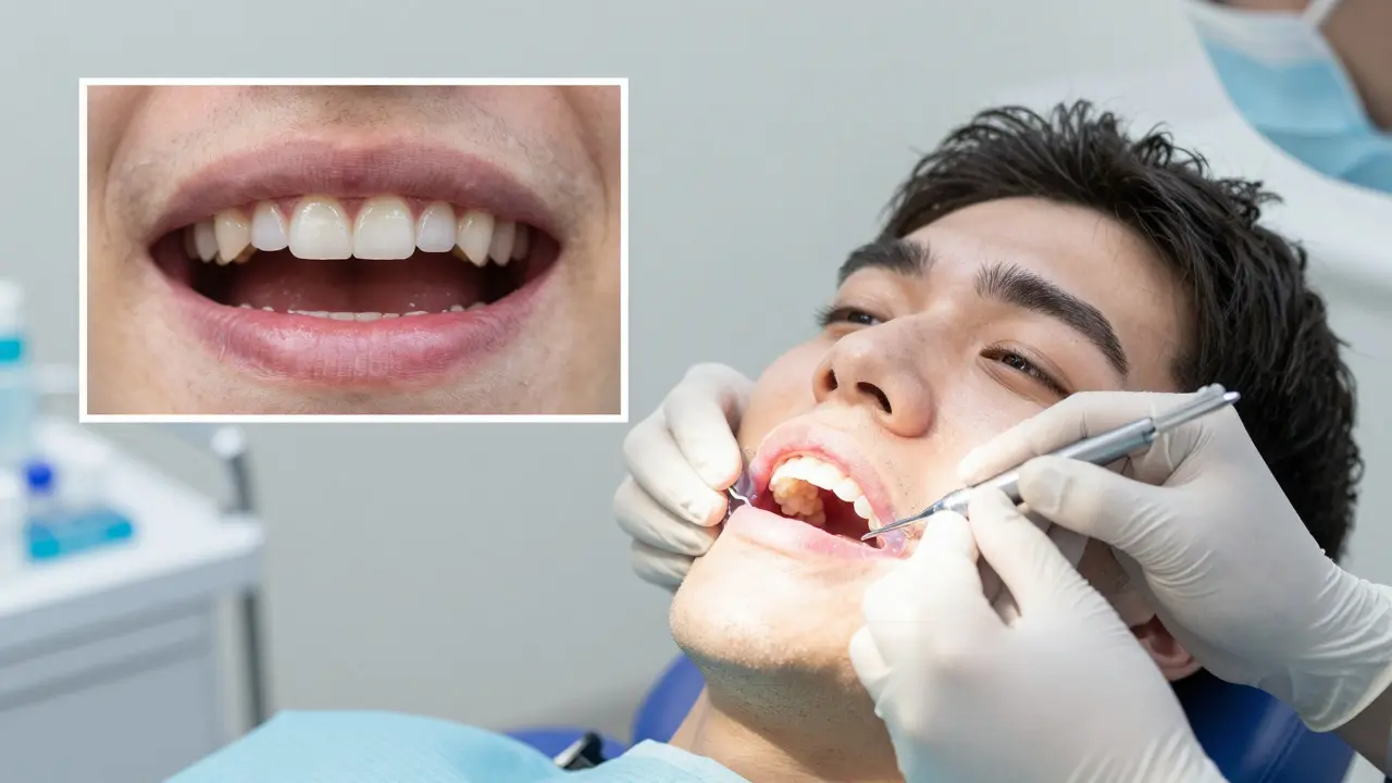 Zubař chrání dásně během profesionálního bělení zubů.