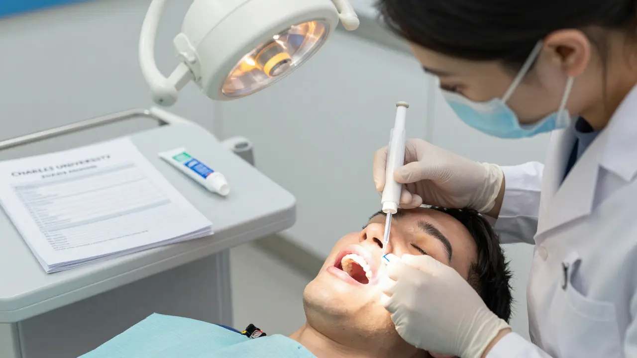 Zubní lékař aplikuje bělící gel na zuby pacienta s ochranou dásně.