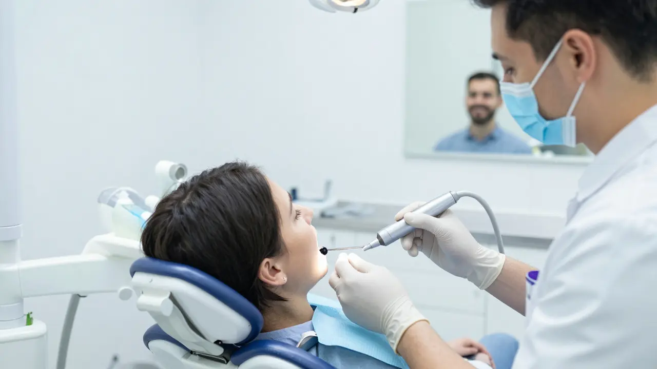 Zubní lékař odstraňuje černý zubní kámen u pacienta v klinice.