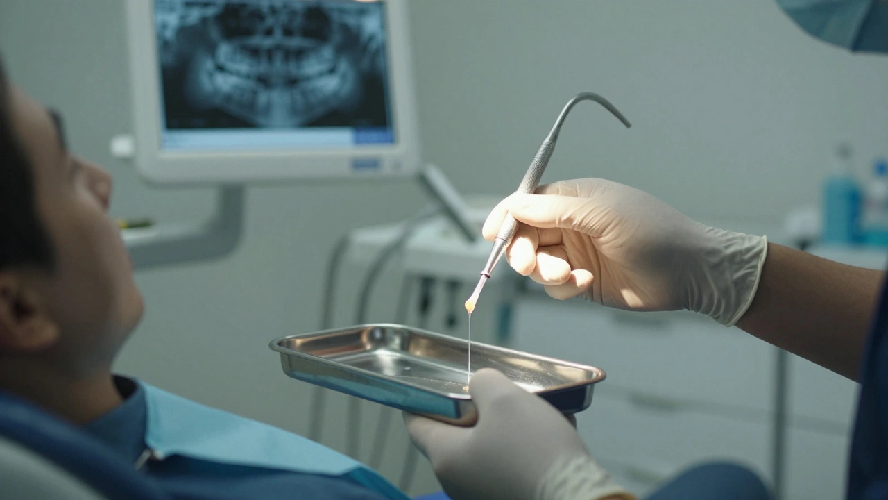 Zubní lékař otevírá absces, hnis kapá do misky, pacient v úlevě.