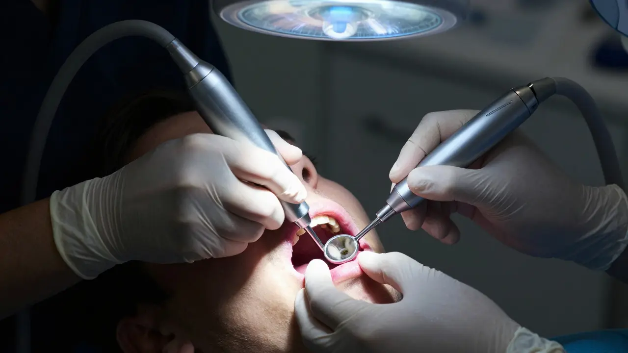 Zubní lékař provádí hluboké čištění pod dásní pomocí ultrazvukového nástroje v klinice.