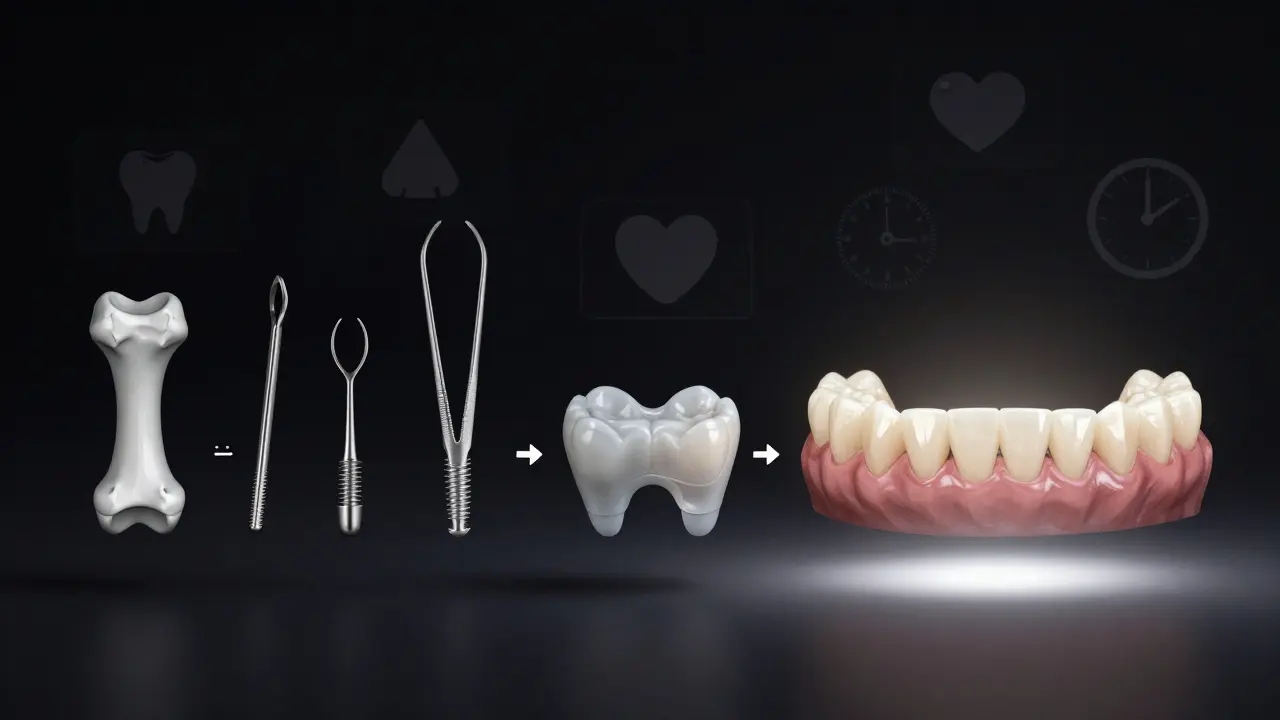 Časová řada hybridní zubní náhrady: 3D snímek, implantace, dočasná a trvalá protéza na světle.