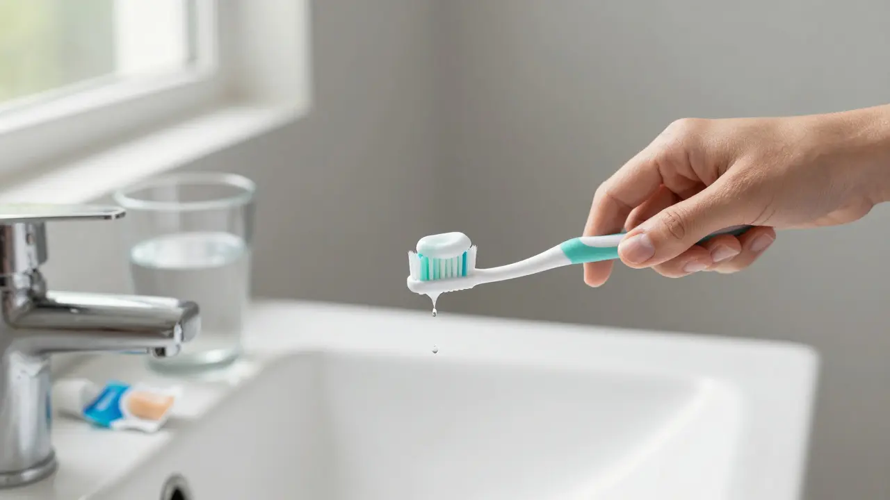 Člověk čistí zuby fluoridovou pastou, na stole xylitolová žvýkačka a sklenice vody.