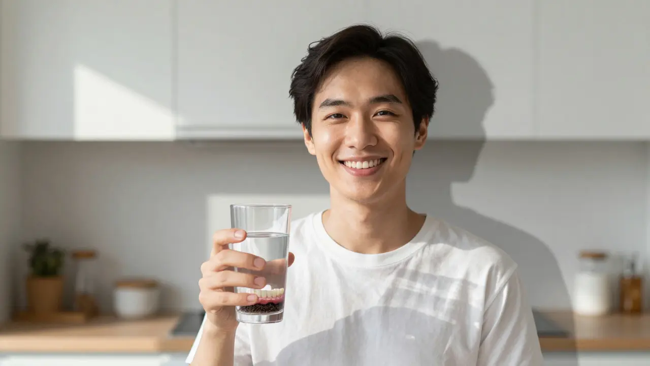 Člověk se usmívá, zatímco za ním postupně mizí obraz ztracených zubů.