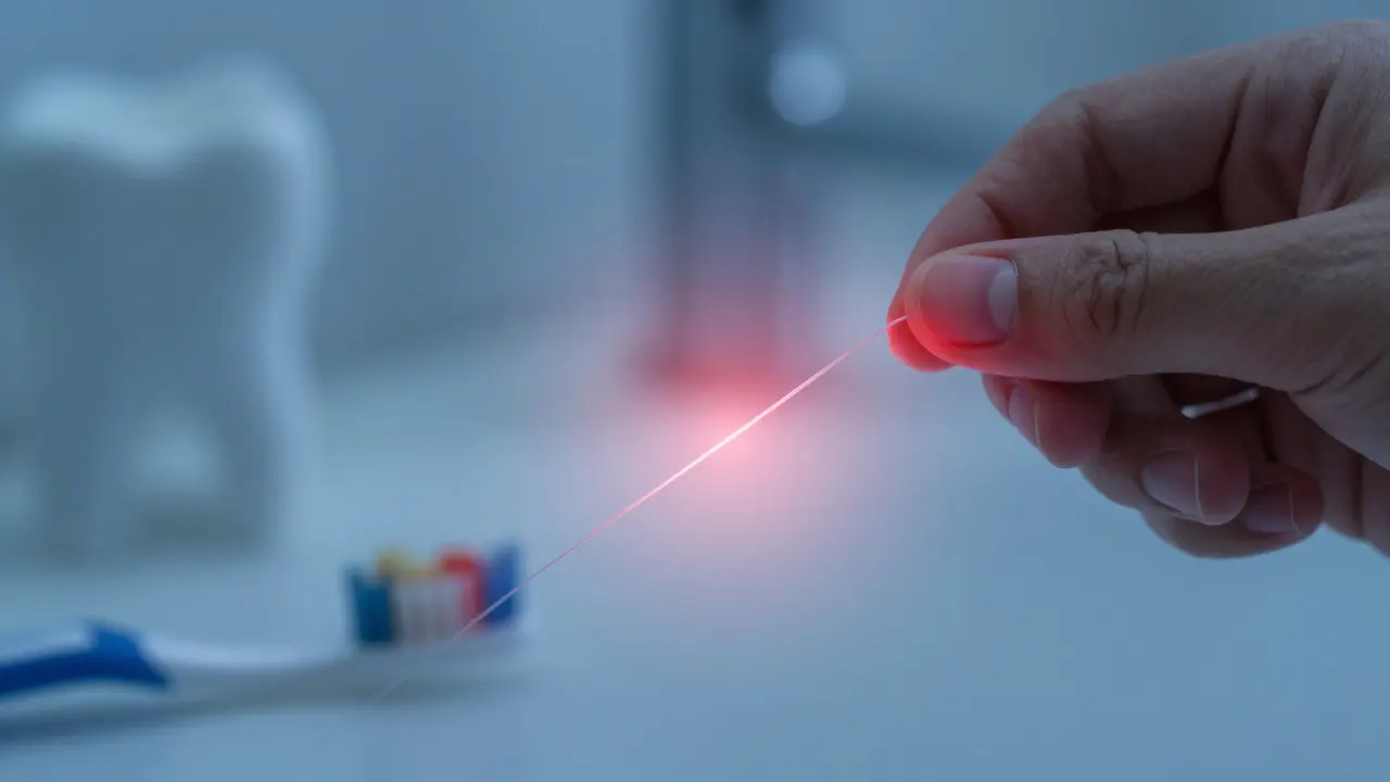 Dentalní nit mezi zuby s viditelným zánětem v dásních.