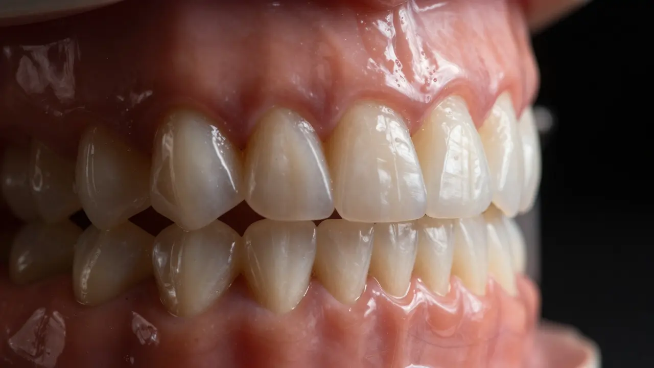 Detail keramické fazety na zubním modelu s přirozeným odrazem světla.