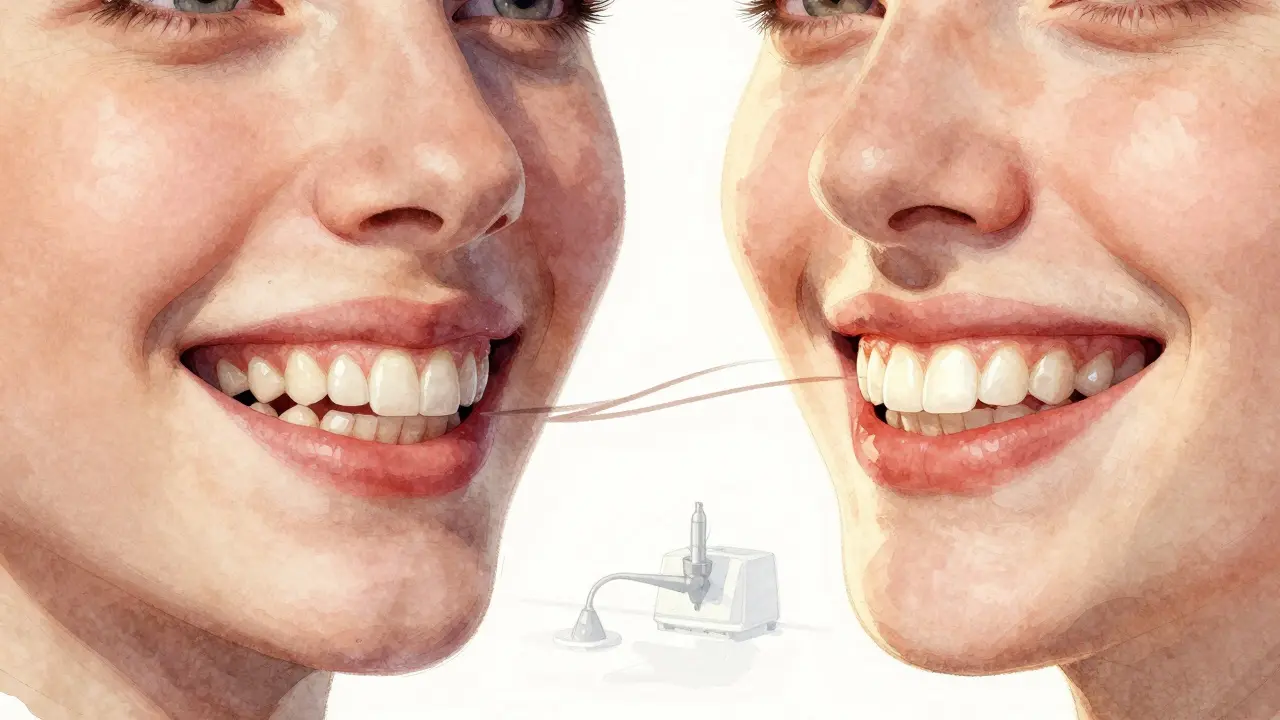 Dva portréty úsměvů: nepravidelný a dokonalý, oddělené přechodem transformace.