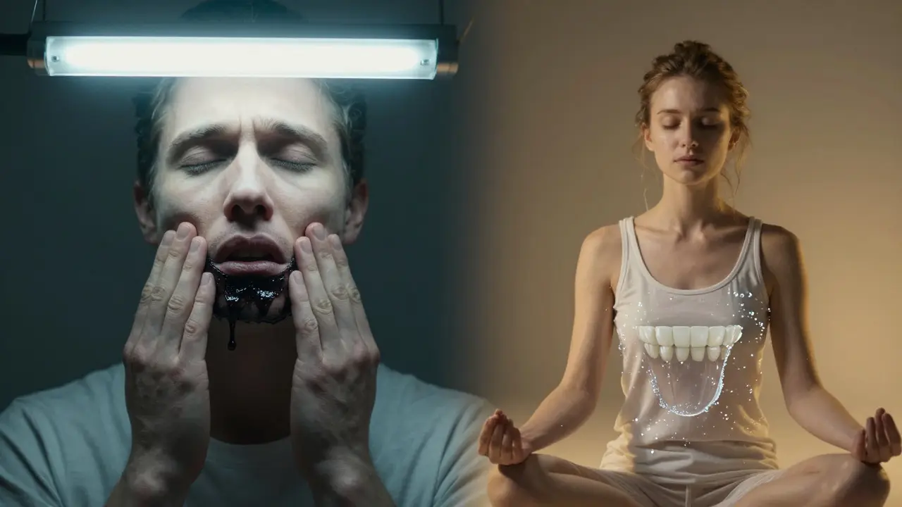 Dvě strany jedné osoby: jedna s náležitým zubním plakem, druhá s čistými zuby a jemným světlem slin.