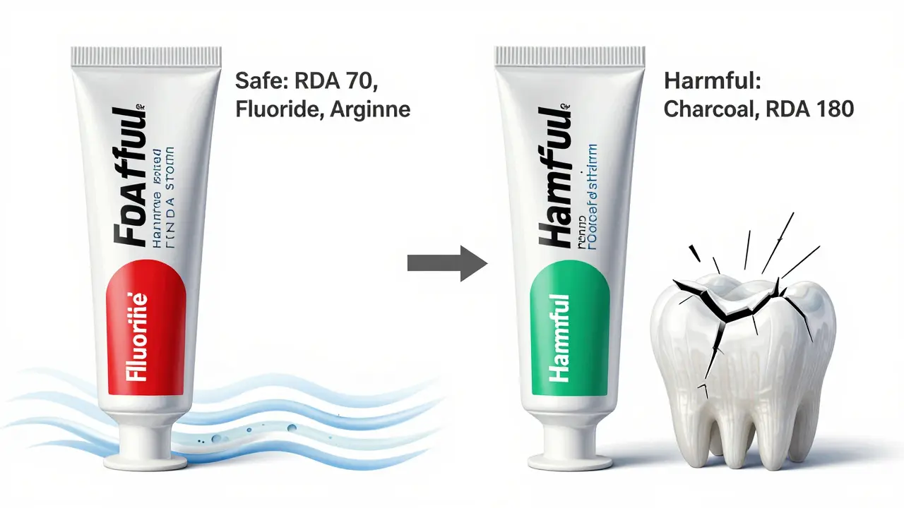 Dvě zubní pasty: bezpečná s nízkou abrazivitou a nebezpečná s uhlíkem, viditelné poškození sklovinky.