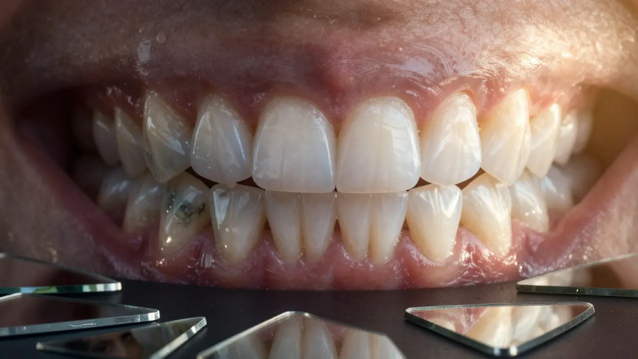 Dvě zuby vedle sebe: jedno zbarvené tetracyklinem, druhé bílé keramickou vložkou, osvětlené sluncem.