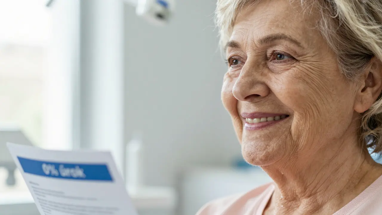 Elderly woman smiling after receiving a dental implant, holding a payment plan brochure.