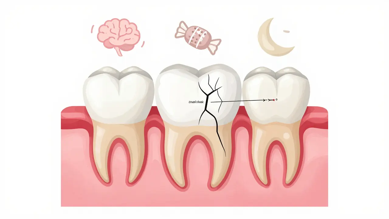 Ilustrace předních zubů s vyznačenými příčinami bolesti: zánět, trhliny a vystavené kořeny.