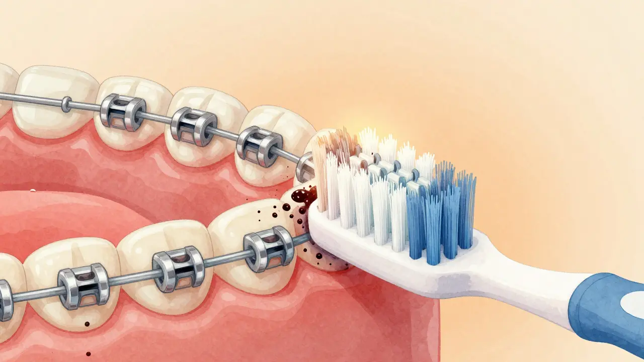 Jednosvazkový kartáček odstraňuje plak kolem ortodontických drátků.