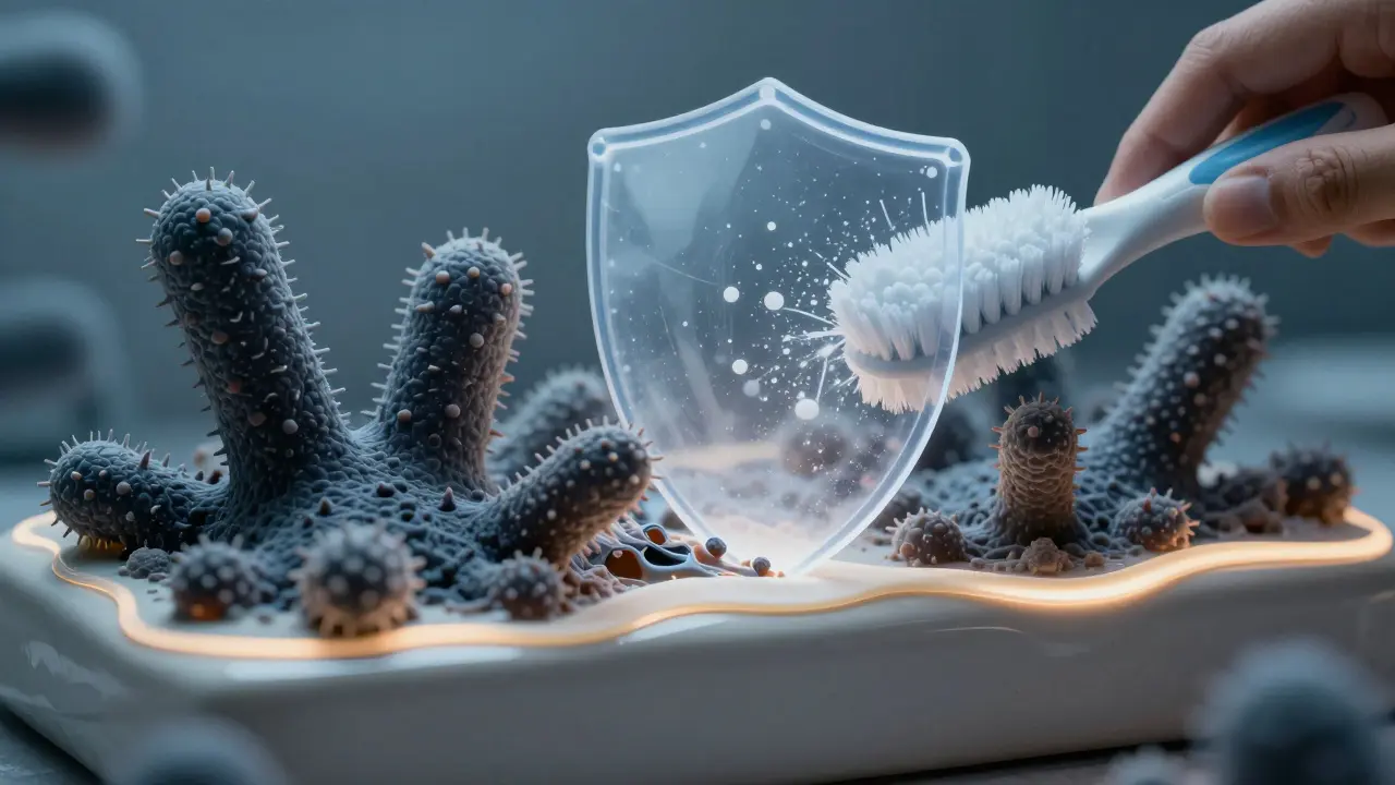 Keramická fasetka s ochrannou vrstvou lepidla odolávající bakteriím.