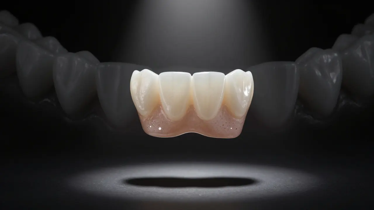 Keramická fazeta ve světle s ilustrací přeměny křivých zubů na dokonalé.