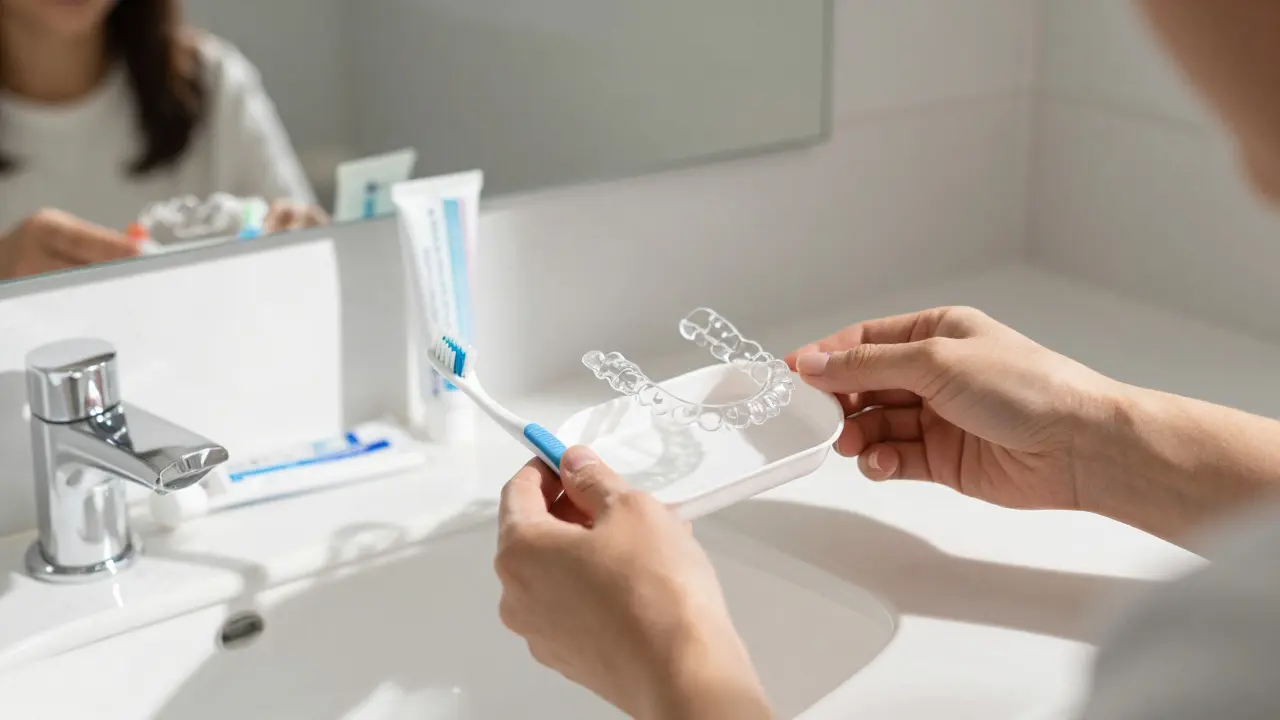 Malá retenční deska a zubní kartáček na koupelně, odraz úsměvu ve zrcadle.