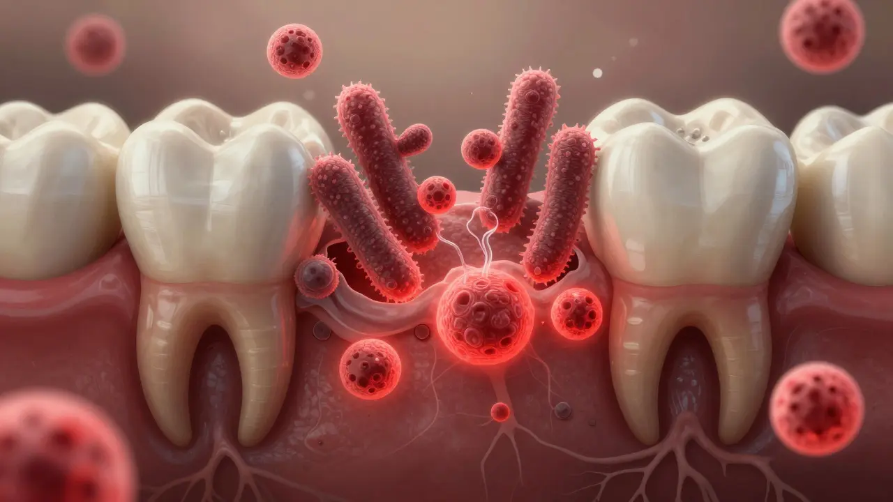 Mikroskopický pohled na bakterie ničící sklovinu a podrážděné dásně.