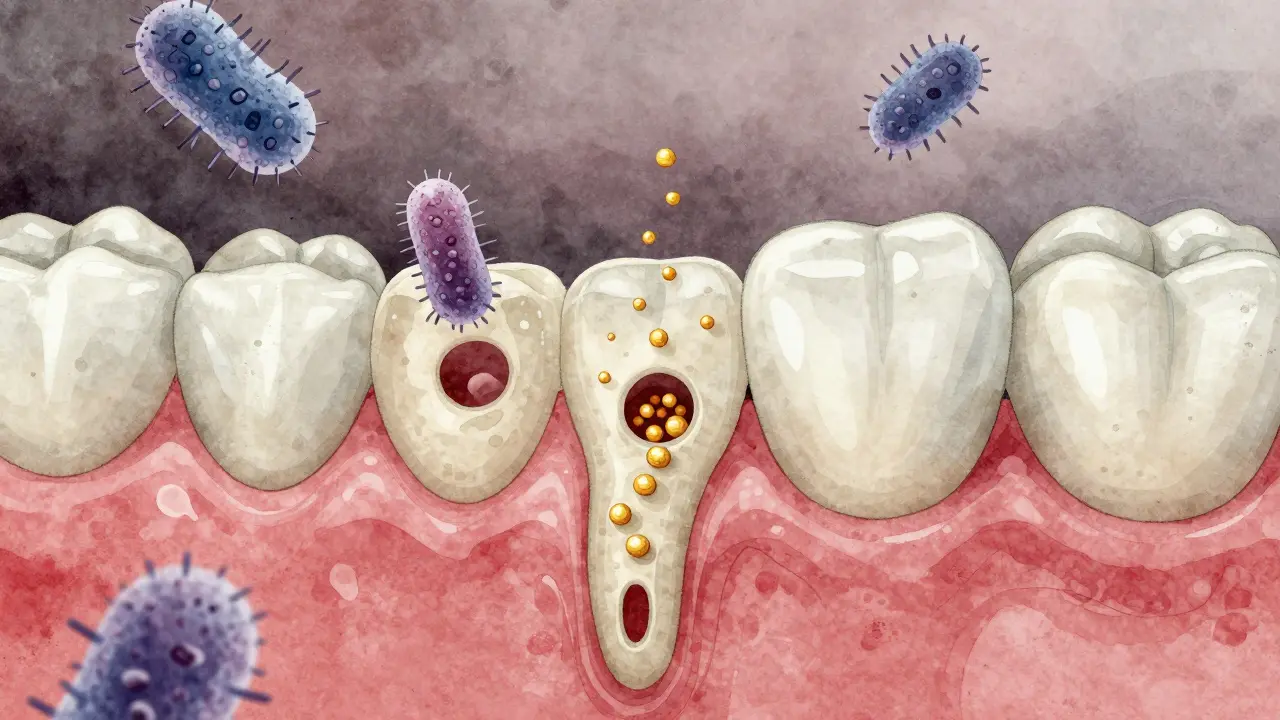 Mikroskopický pohled na obnovu zubní skloviny minerály a fluoridem.