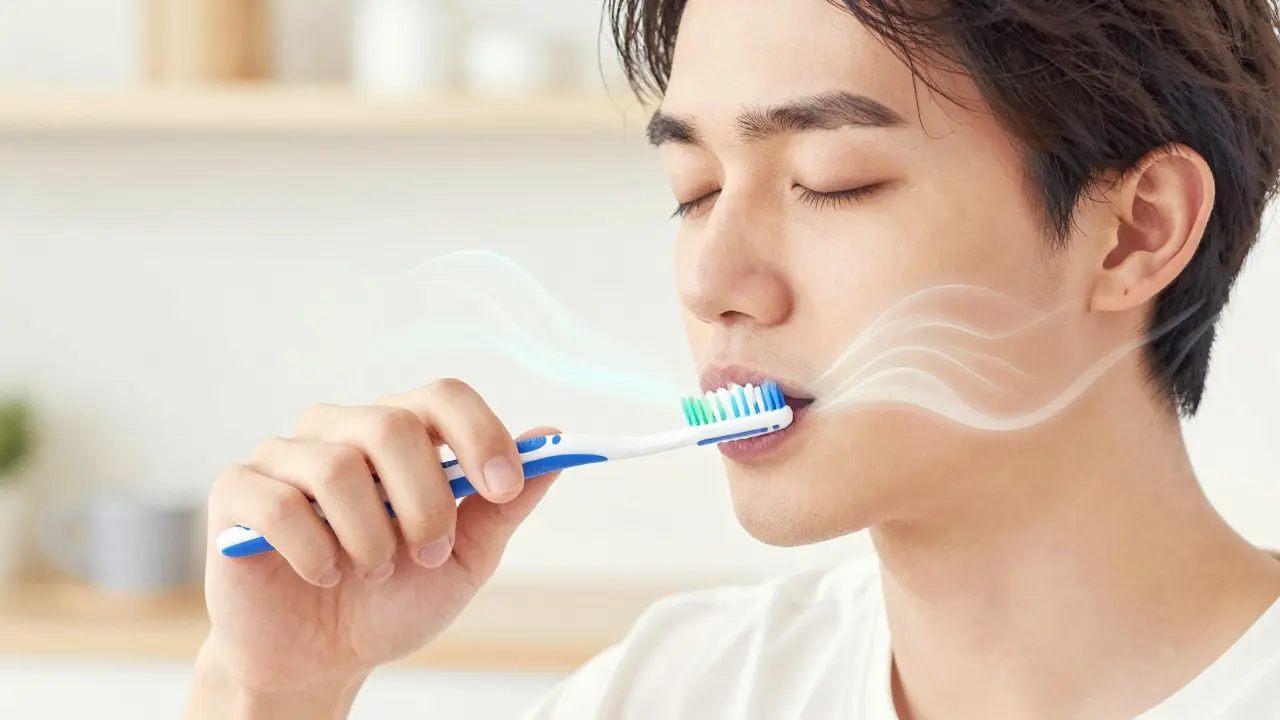 Osoba čistící zuby meditačně, s jemnými vlnami klidu vycházejícími z úst.