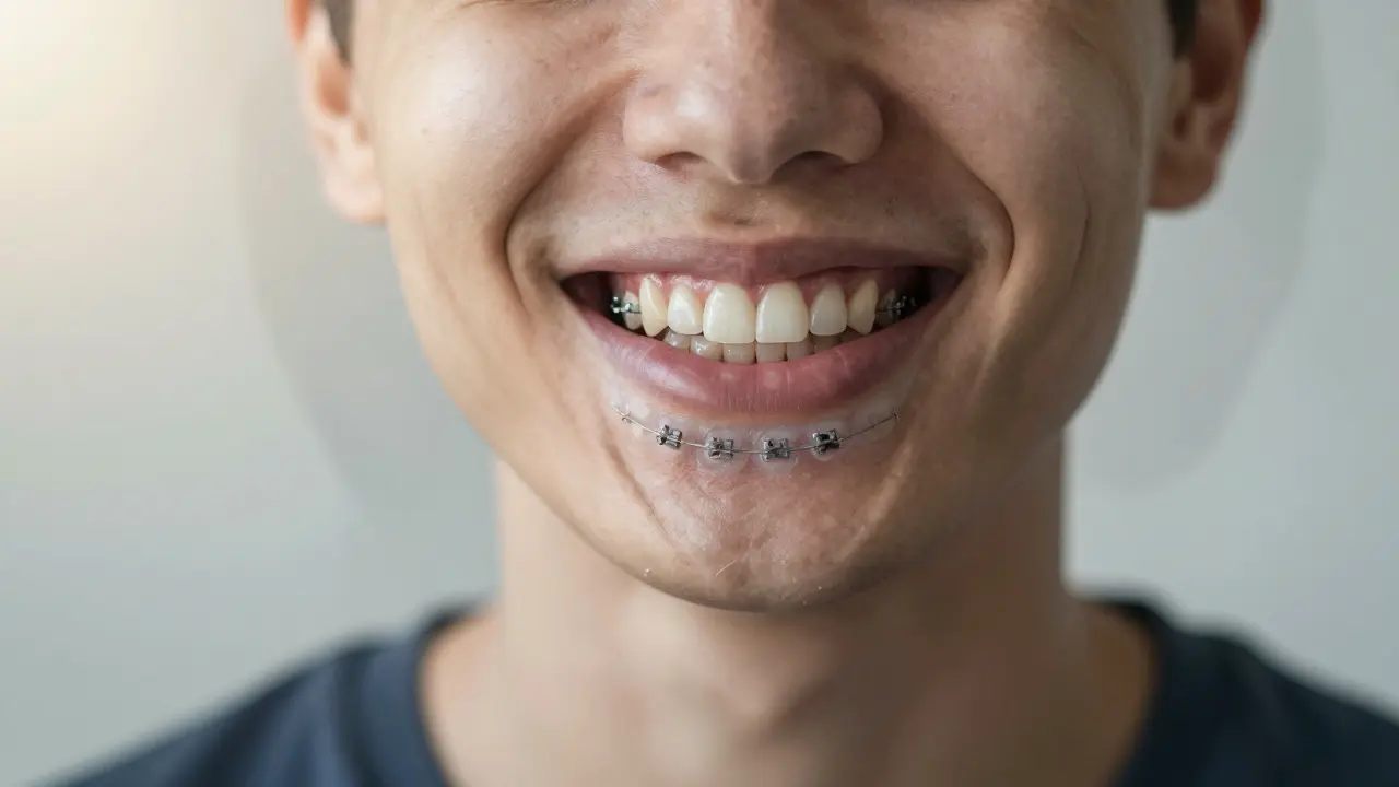 Osoba se smíchem, s přehledem obnovených zubů jako průhledným překryvem.