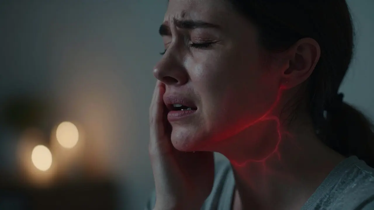 Osoba trpící bolestí zubu moudrosti, s červenou aura šířící se k obličeji a krku.