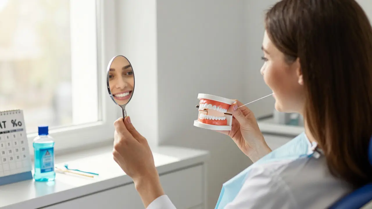 Pacient s čistými zuby a zubař v klinice vysvětluje správnou ústní hygienu.