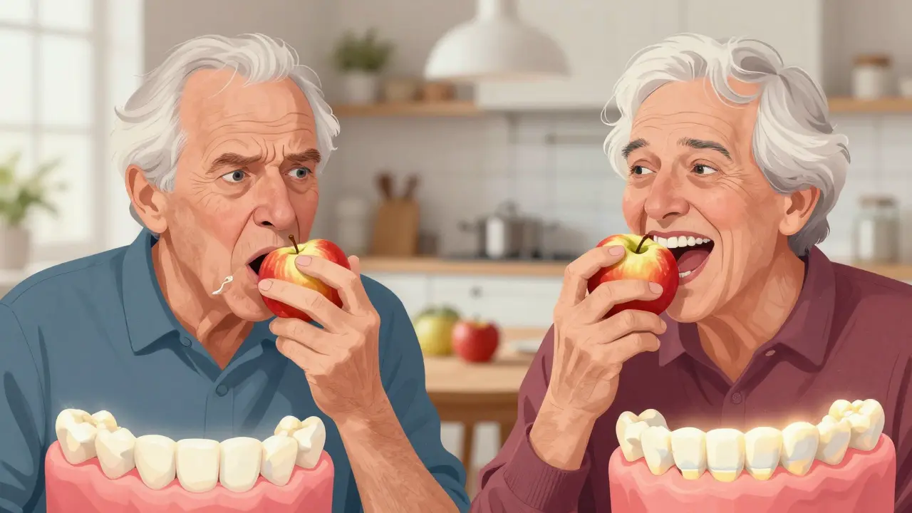 Porovnání pohyblivé protézy a pevné hybridní náhrady při jídlu jablka, s výrazem radosti a frustrace.