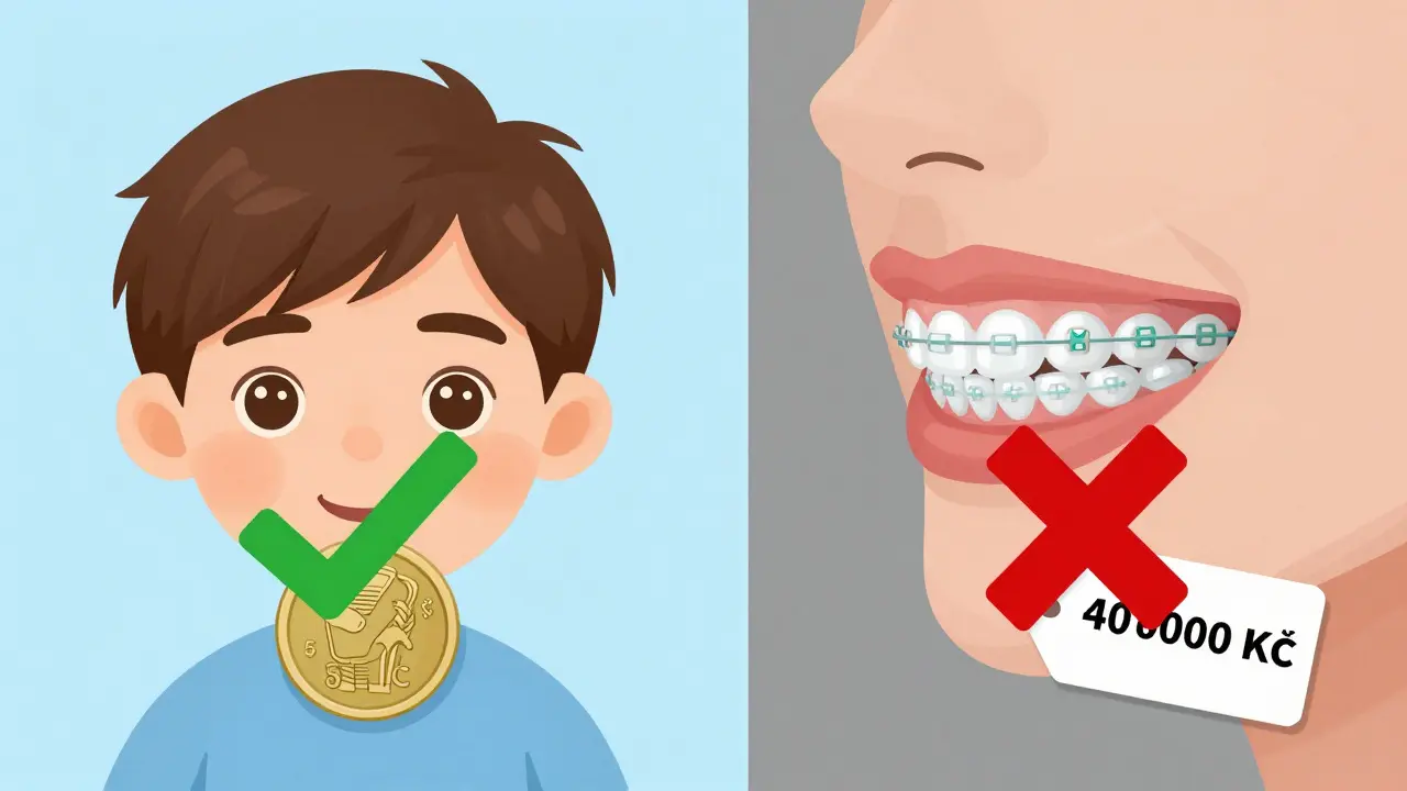 Porovnání příspěvku na rovnátka pro dítě a dospělého, symbolické značky a ceny.