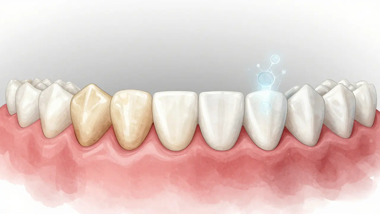 Porovnání tmavých a bělících se zubů s molekulárními vzory, symbolizujícími hluboké bělení.
