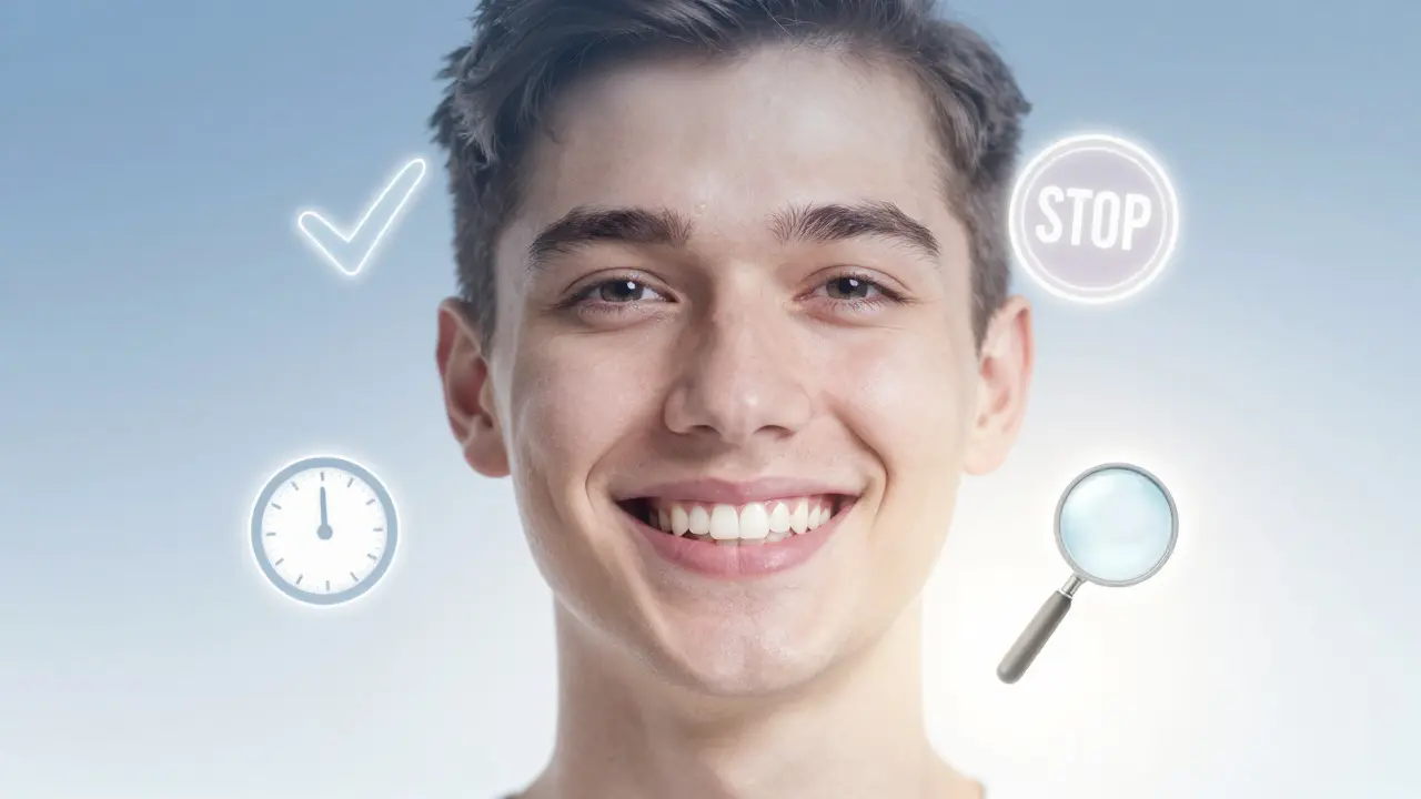 Přechod úsměvu od tmavého k bílému s symboly fluoridu, uhlíku a časového limitu používání.