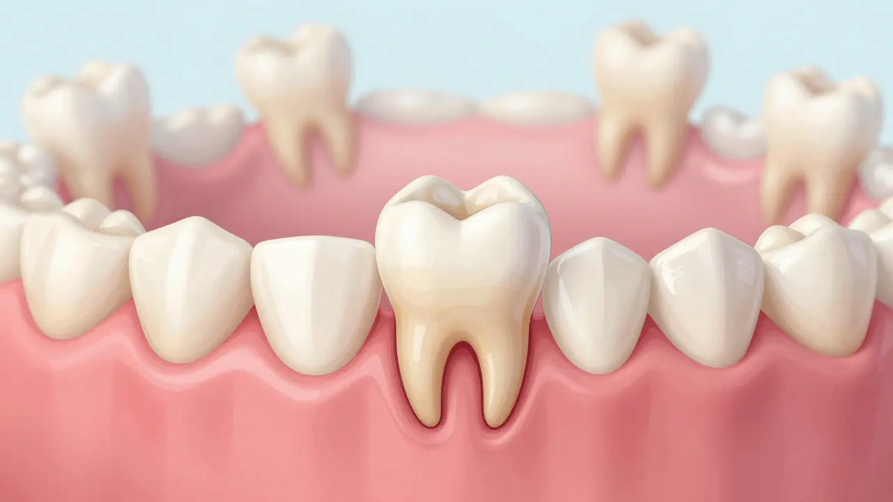 Přehled vnitřní struktury dítěteho úst, kde trvalý zub tlačí na mléčný.