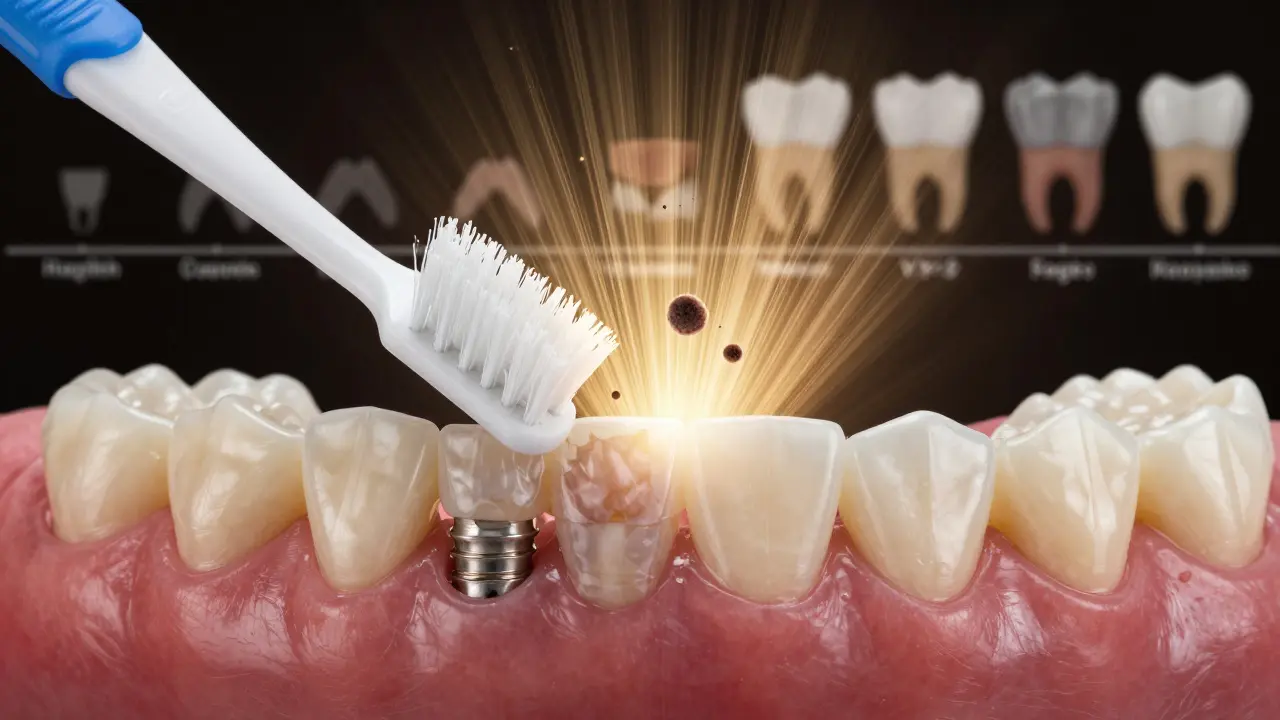 Přehled zubního oblouku s plakem a kartáčkem odstraňujícím bakterie.