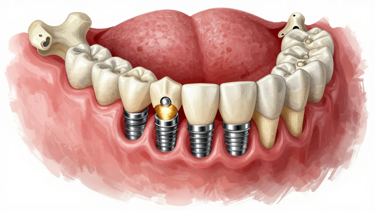 Příčný řez čelistí s implantáty spojenými s kostí a zdravými dásněmi.