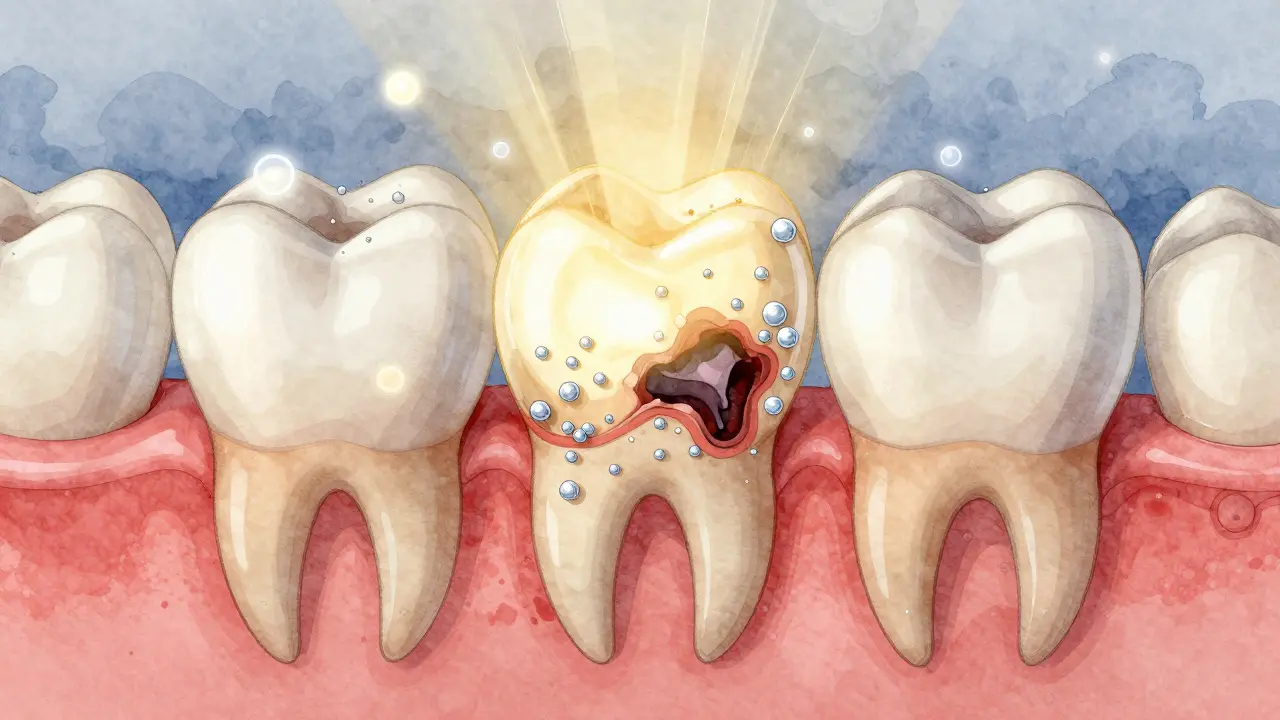Průřez zubu ukazující obnovu skloviny pomocí hydroxyapatitu.