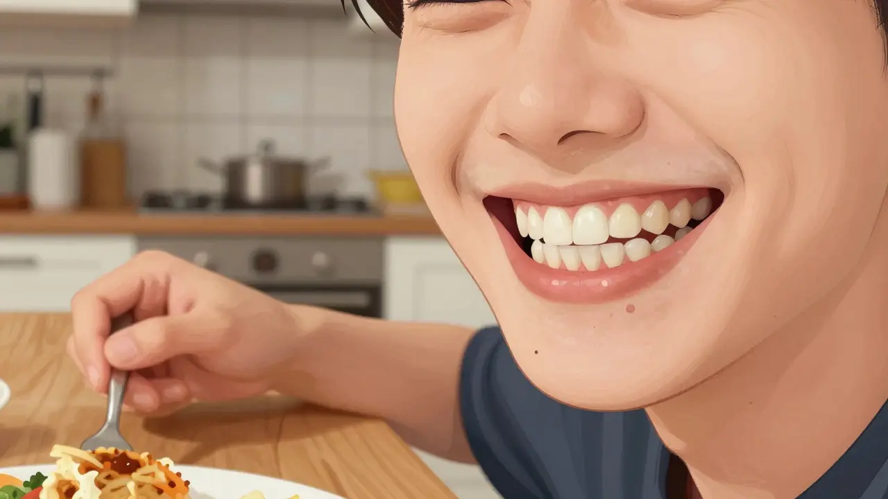 Rozdělený obraz tváře: jedna strana s křivými zuby, druhá s rovnými, během jídla.