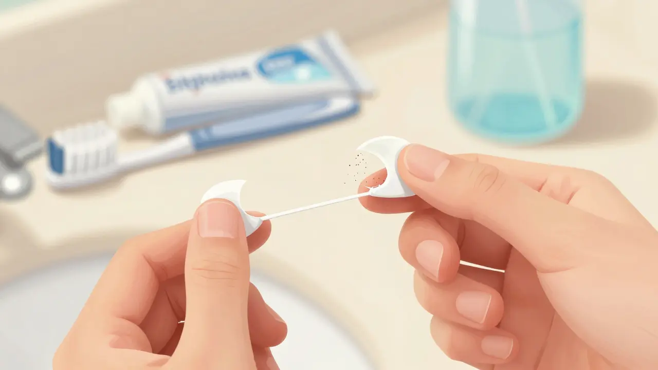 Ruka s nití čistí mezizubní prostor C-tvarovým pohybem, odstraněný plak je vidět.