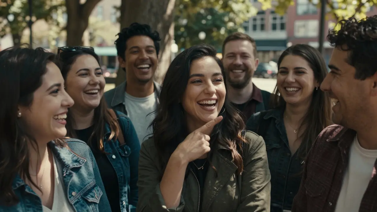 Skupina lidí se směje v parku, někteří s mezerami mezi zuby, všichni otevřeně a bez stydu.