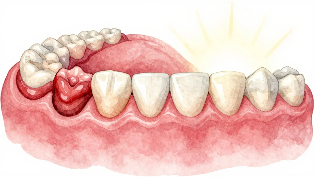 Srovnání zdravých a nemocných dásní po kyretáži v vodové malbě.