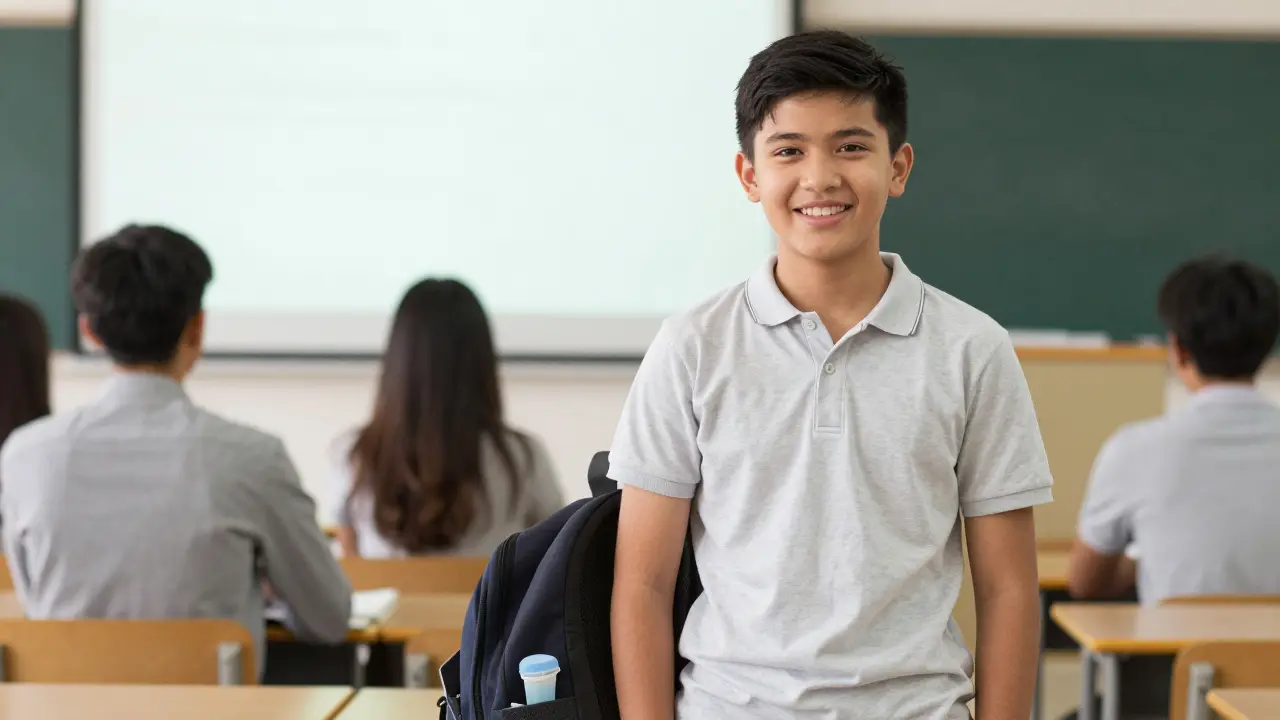 Studentka mluví na přednášce s přirozeným úsměvem, její zubní sada je vidět v batohu.