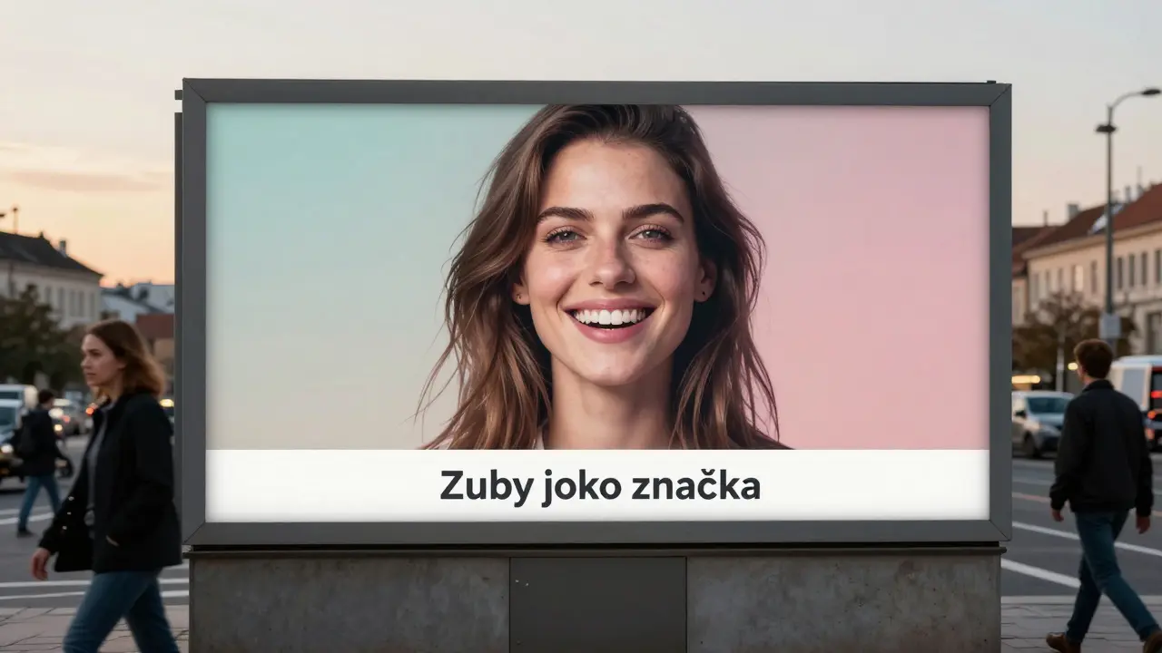 Velký plakát s portrétem ženy s mezerou mezi zuby, která se usmívá sebevědomě, na ulici v českém městě.
