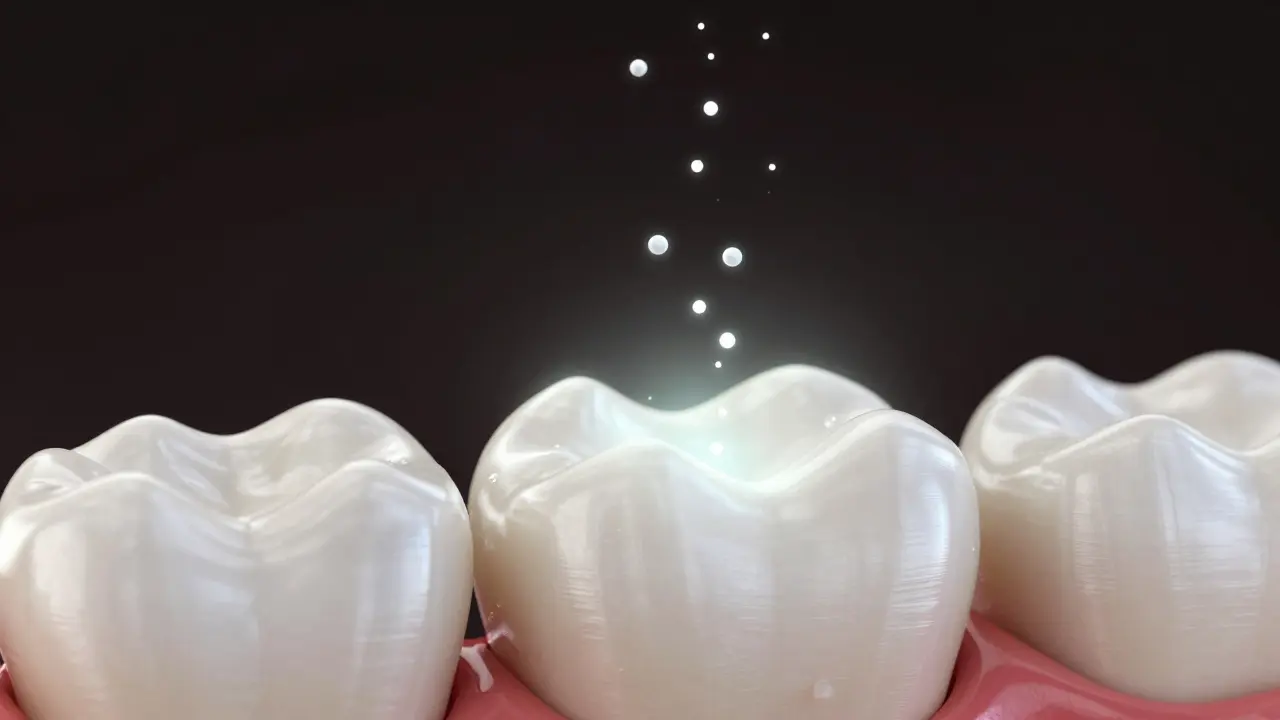 Vizualizace remineralizace zubu minerály ze slin při počínajícím kazu.