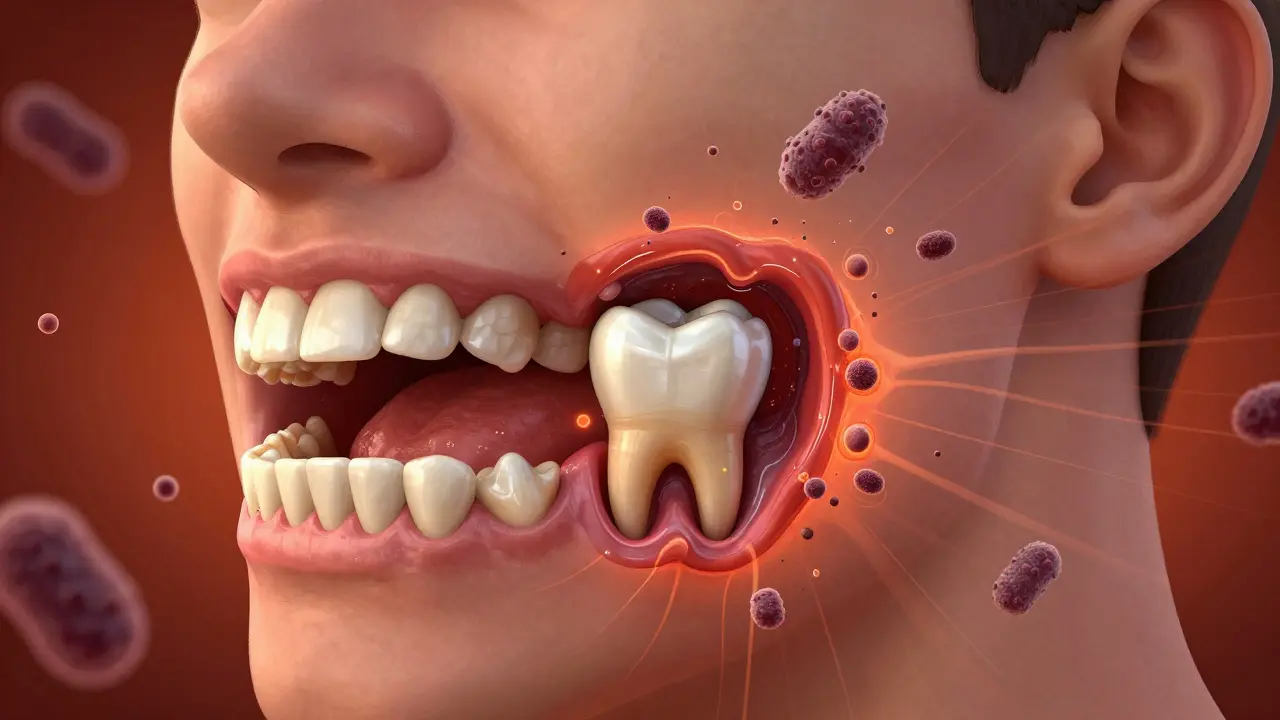 Zub moudrosti zakrytý dásní s bakteriemi a zbytky jídla, symbolizující infekci.