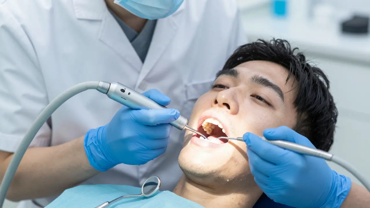 Zubní lékař odstraňuje kámen ultrazvukovým přístrojem