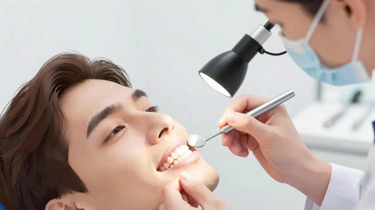 Zubní lékař prohlíží celokeramické fazety pomocí zrcátka a světla.