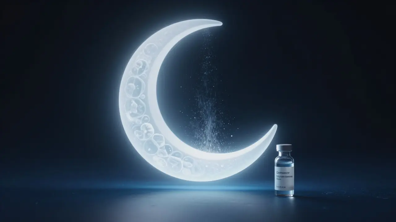 Zubní šáteček ve tvaru měsíčku září bílým světlem, zatímco bělící gel leží vedle něj v temnotě.