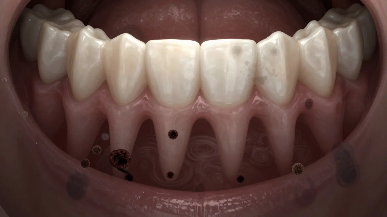 Abstraktní zobrazení zubu s mineralizovanými nánosy pod dásní a bakteriemi v kapsě.